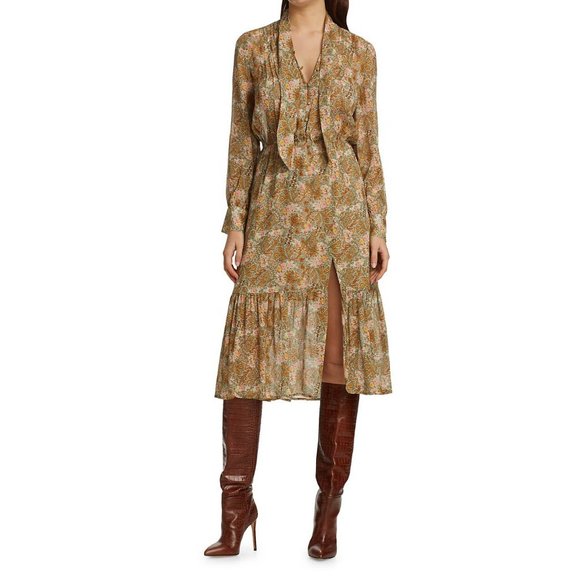 PAIGE Koralina Tie-Neck Floral Silk Midi Dress NWT!